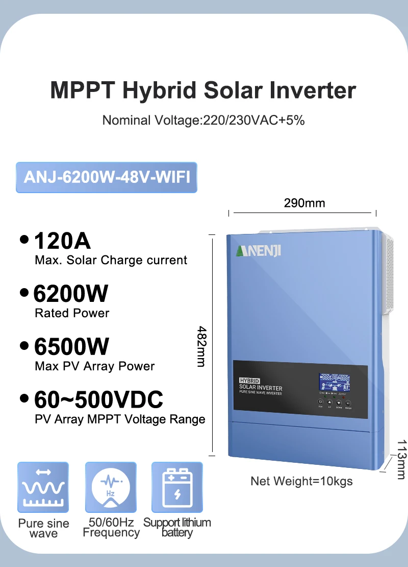 6.2KW 4KW 2KW MPPT Hybrid Solar Inverter Pure Sine Off Grid Tie 230VAC  PV 500V