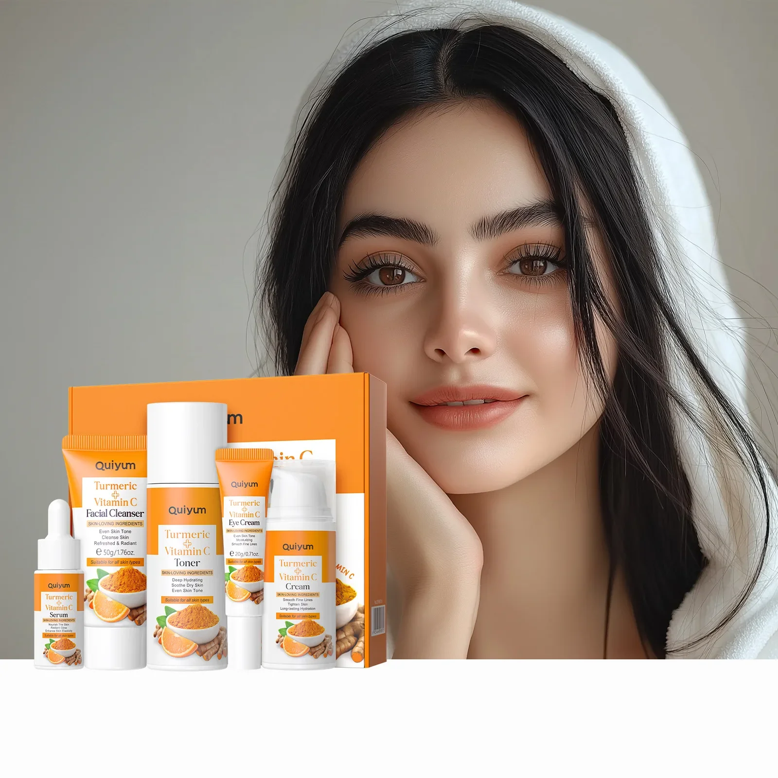 Quiyum 5PCS Set Facial Moisturizer-Turmeric & Vitamin C Skin Care for Brightening Hydrating-Anti-Aging Beauty Essentials