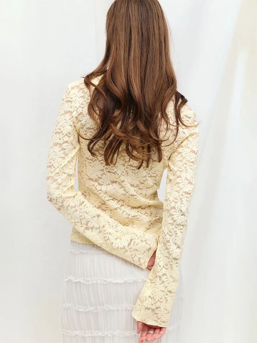 Bornladies Women's Trendy Lace V - Neck Long Sleeve Shirt Sexy Hollow Out Lace Blouse New Autumn Base Layer T-Shirts