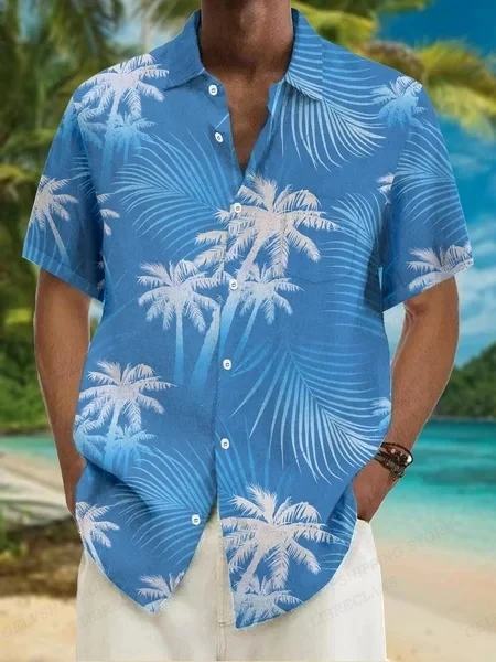 Summer Men Hawaiian Shirts Coconut Tree Lapel Camisas Men Fashion Short Sleeve Shirt Floral Blouse Turn Over Collar Clothes Male 2