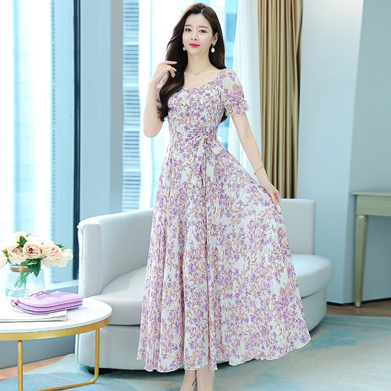 

Women Floral Chiffon Casual Boho Beach Loose Dress Summer Elegant Bodycon Party Dress 2023 Short Sleeve Night Long Dress Vestido