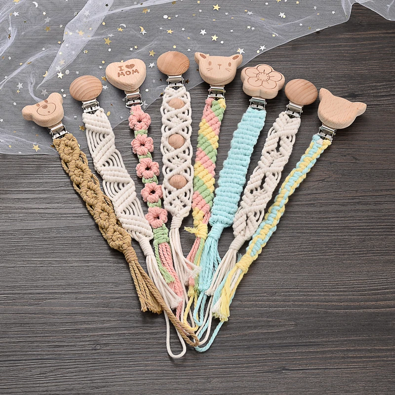Baby Beech Wood Pacifier Clip Handmade Crochet Cotton Rope Nipple Chain For Baby Nursing Chew Toy Shower Gift Soother Chain 4