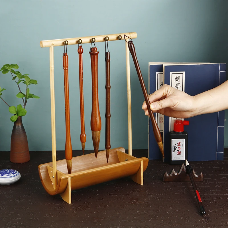 Calligraphy Pen Holder Bamboo Chinese Brush Holder 8/10 Needles