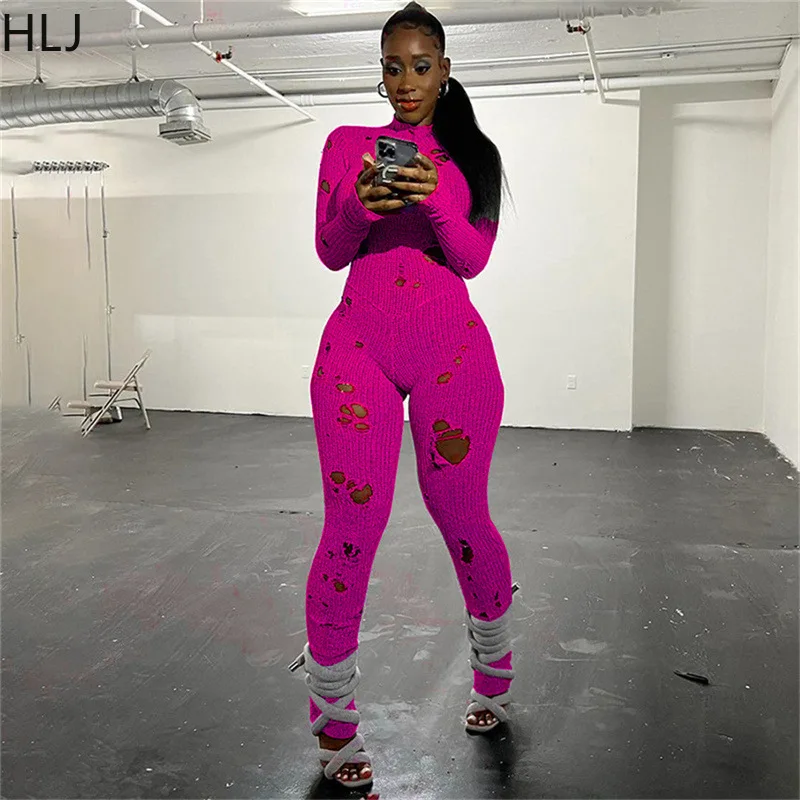 HLJ Sexy Knitting Hole Bodycon Jumpsuits Women Round Neck Long Sleeve Slim Hollow Out Slim Playsuits Female Solid Sporty Rompers