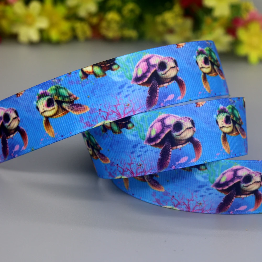 DUWES 50yards Duck Turtle Printed Grosgrain Ribbon Accessories Material Headwear Decoration DIY Sewing Craft D2177