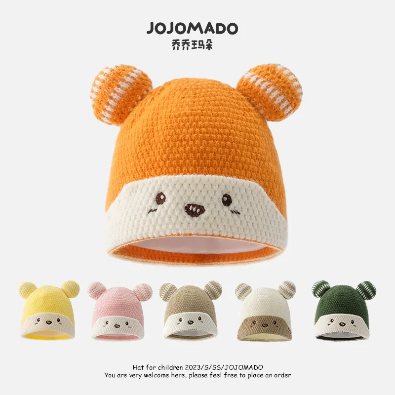 

Baby 42-48cm Cap Autumn Winter Small Expression Cute Super Double Ball Ears Bear Thickened Knitted Hat Warm Ear Protection Caps