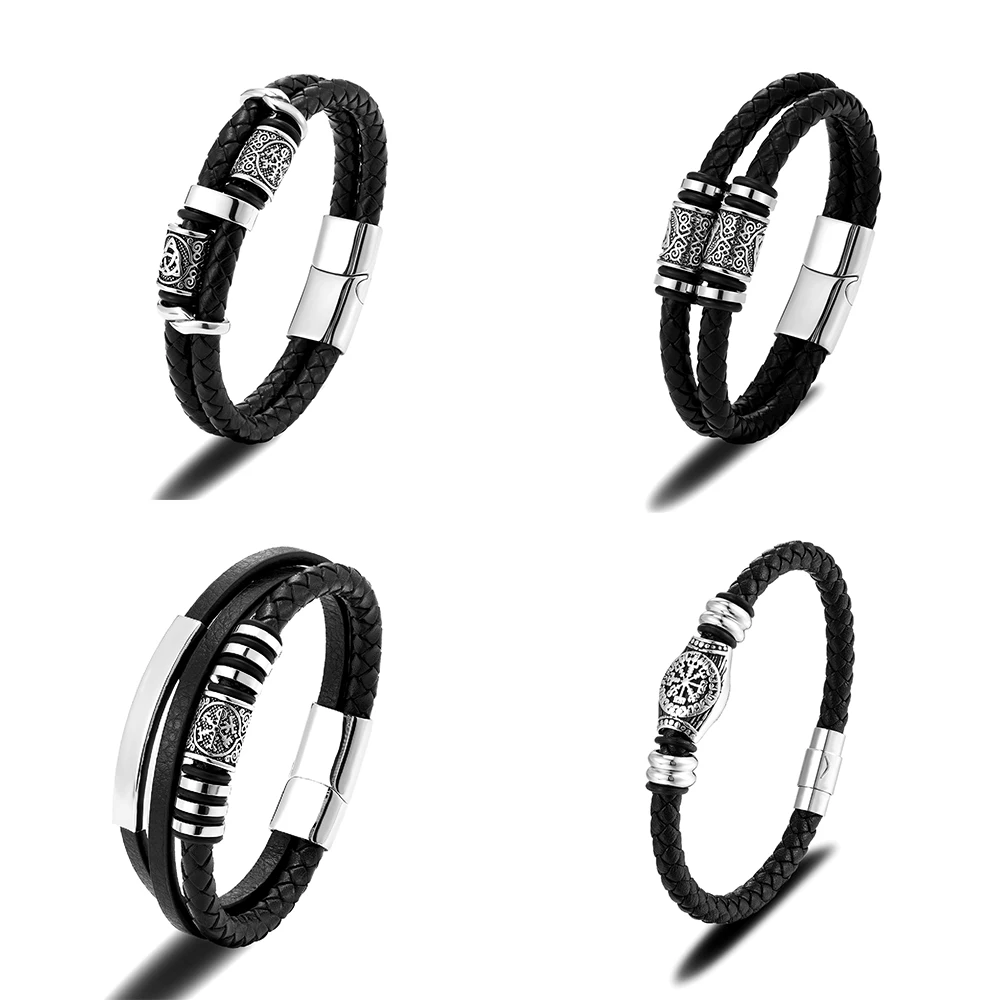 Punk Men Vikings Style Genuine Leather Bracelet Braided Multilayer Stainless Steel Norse Runes Bead Bangles Couple Jewelry Gift Leather Bracelet Leather Braided Bracelet