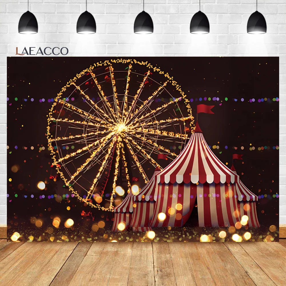 

Laeacco Circus Theme Clown Play Show Red Curtain Baby Child Pography Backdrop Ferris Wheel Neon Lights Party Portrait Background