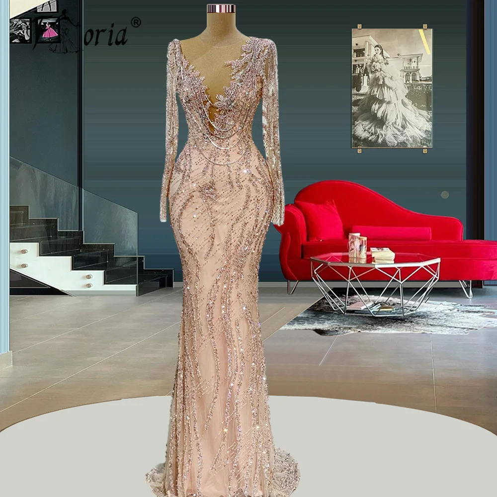 slim fit dress slacks Feather-Trim Long Beaded Mermaid Prom Dress CC2308 Rose Gold / 2