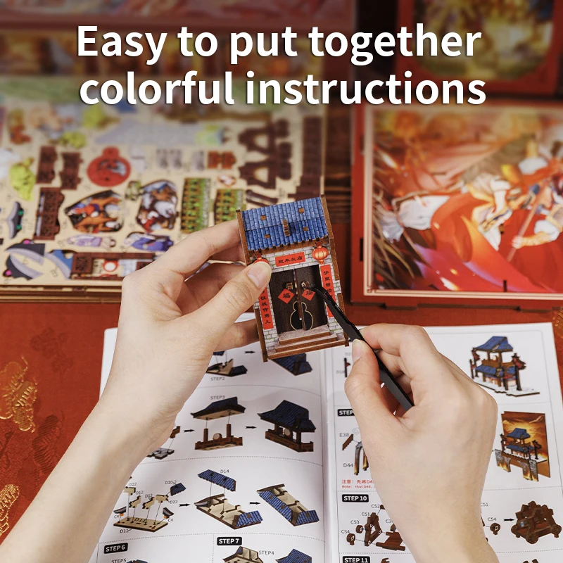 100500754 DIY 3D Puzzle Wooden Dollhouse with Light Dust Cover The Legend of Mulan Chinese Style Bookshelf Insert Decor for Gift 4