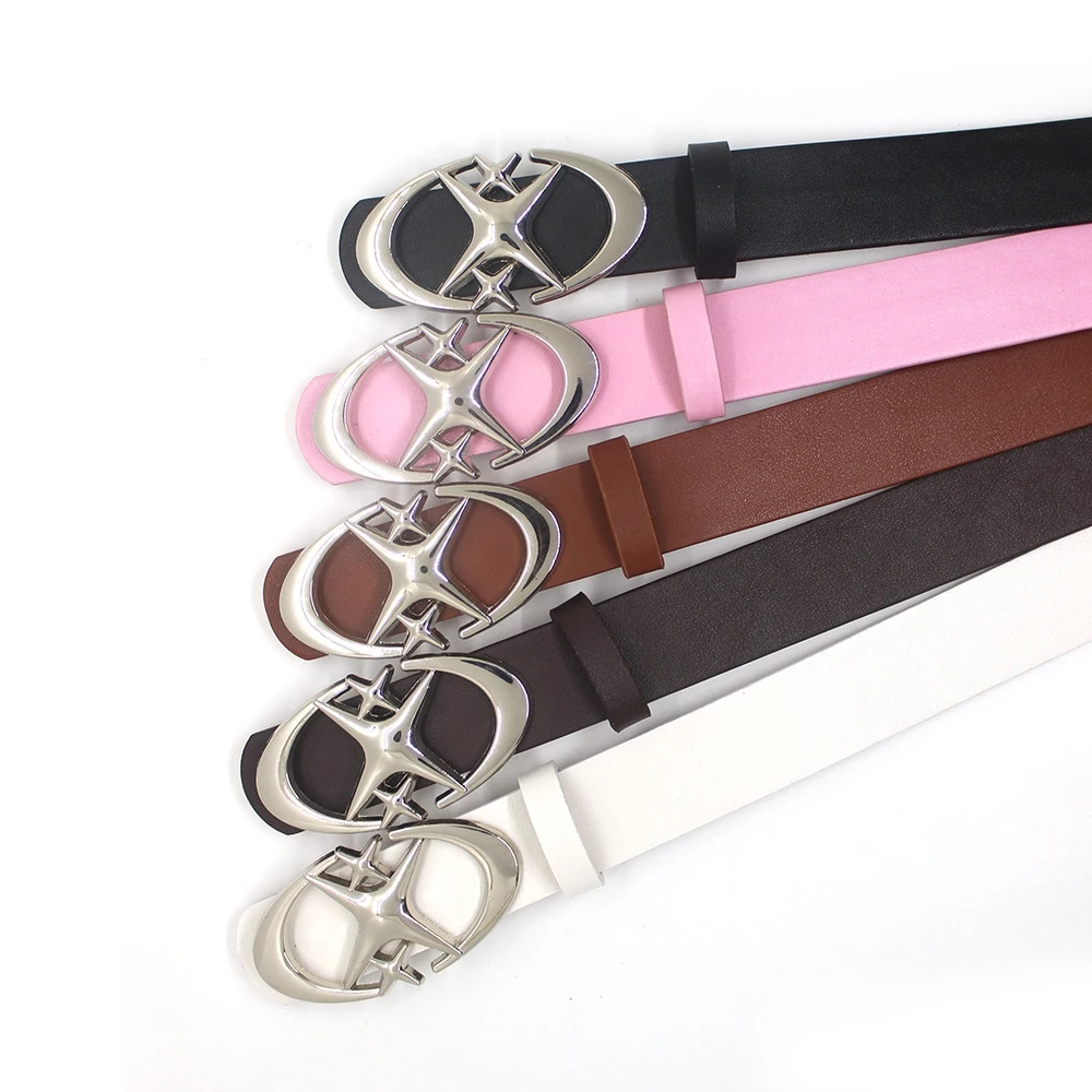 Neues Trenddesign Doppel-Halbmond-Kreuz-Stern-Schnalle PU-Gürtel für Jeans und Röcke Modischer Vielseitiger Gürtel – Detail 2