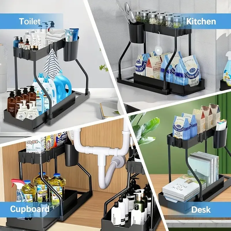 2 Tier Under Sink Organizer, Pull Out Cabinet Storage Shelf with Hooks & Hanging Cup, Space Saving Rack for Kitchen Bathroom 5