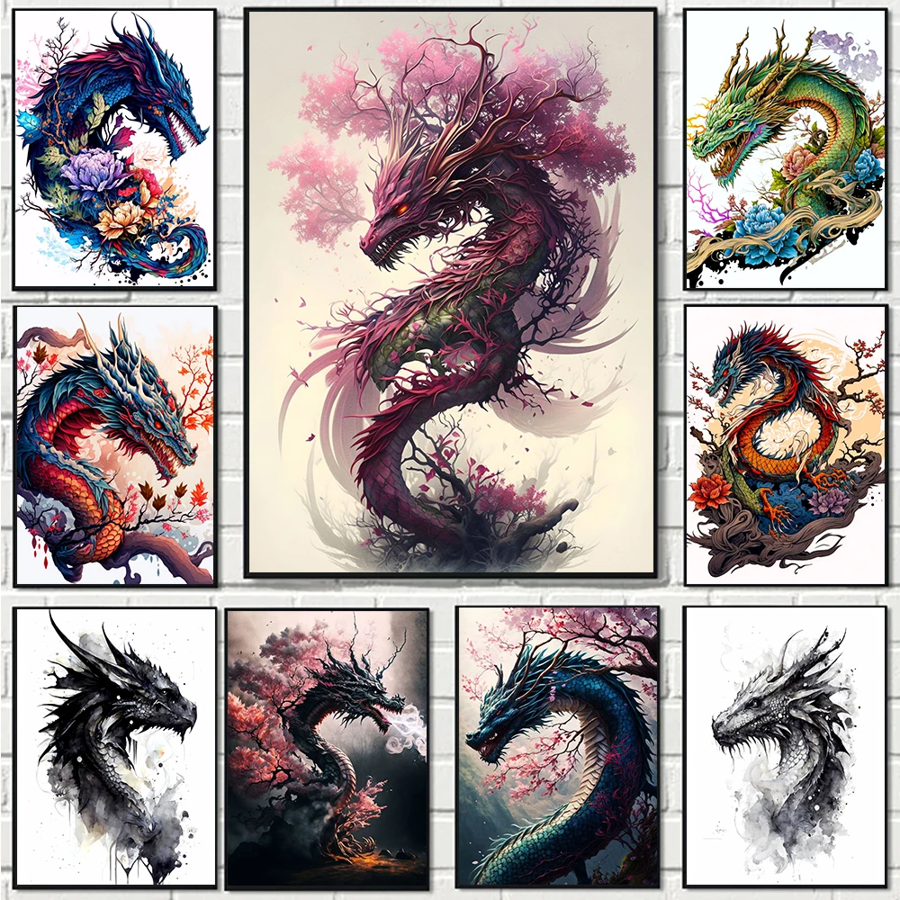 

Japanese Sakura Flowers Forest Dragon Canvas Painting Poster Print Bedroom Wall Art Aesthetic Graffiti Picture Modern Home Decor