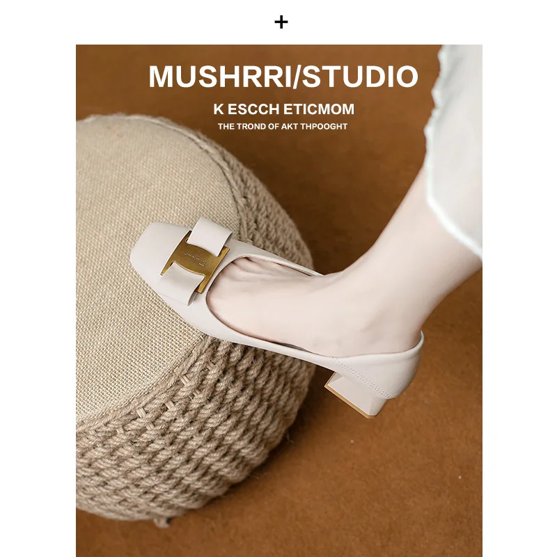 

Genuine Cowhide High Heels2023Summer New Lazy Shoes Square Toe Soft Leather Shallow Mouth Thick Heels One Step Single Step Shoes