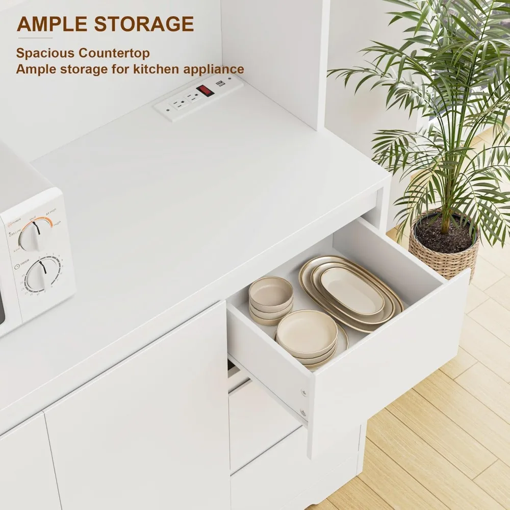 71" Kitchen Pantry Cabinet with LED Lights and Charging Station, Modern Kitchen Cabinet Hutch with Storage and Microwave