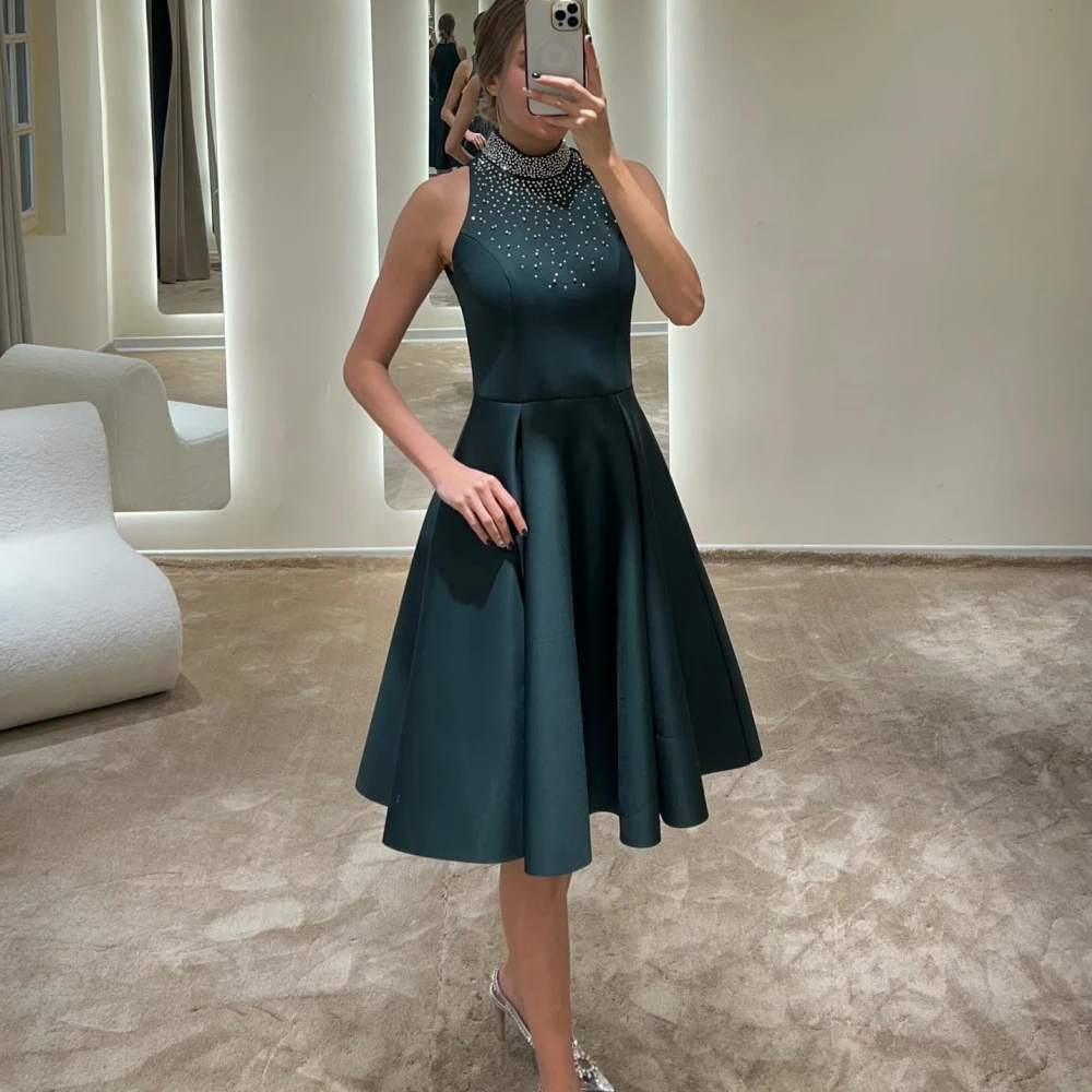 

Qcenkern High Neck Satin Evening Formal Saudi Arabia Knee Length Elegant A-Line Party Dresses Gowns Women Robes de Soirée 2023