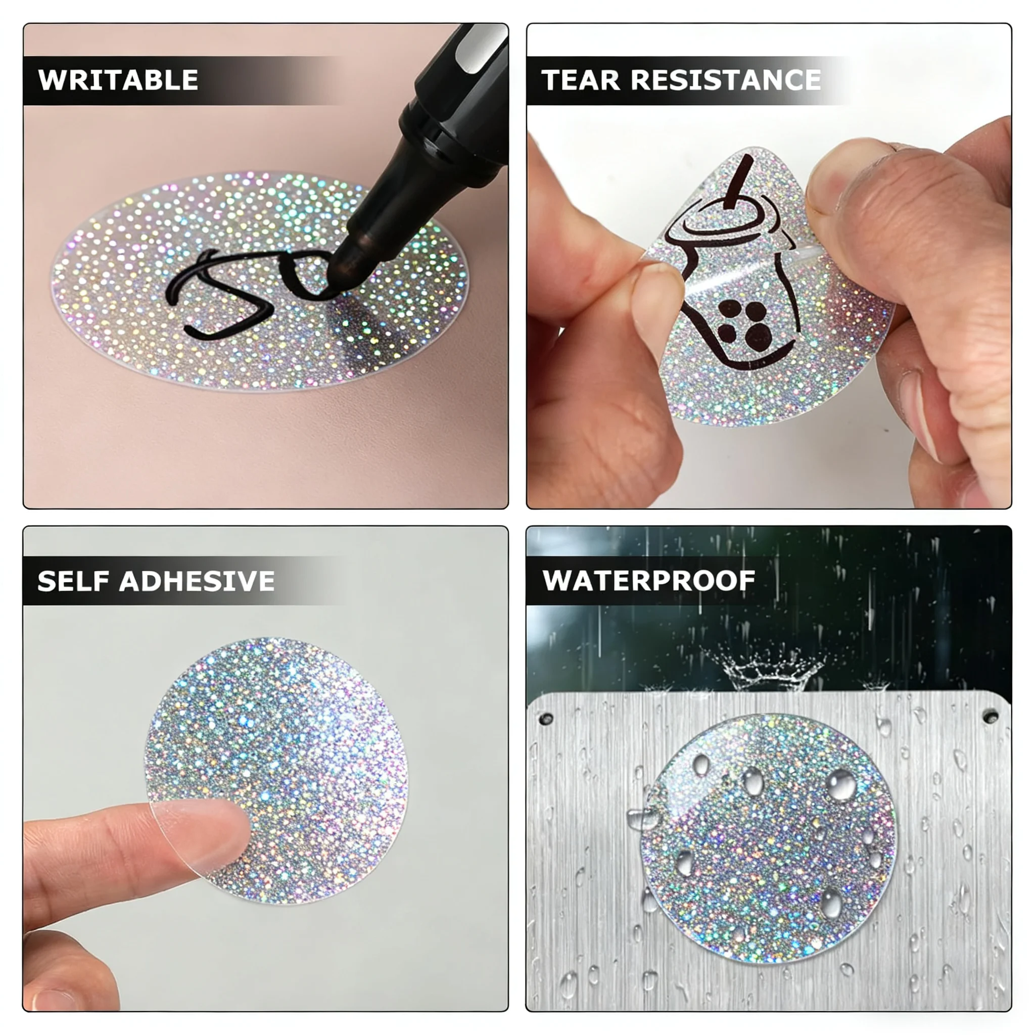 Glitter Label Stickers Self-Adhesive Curly Handwritten Labels, Matte Finish, Durable, Suitable For Jars, Bottles, Gift Packaging