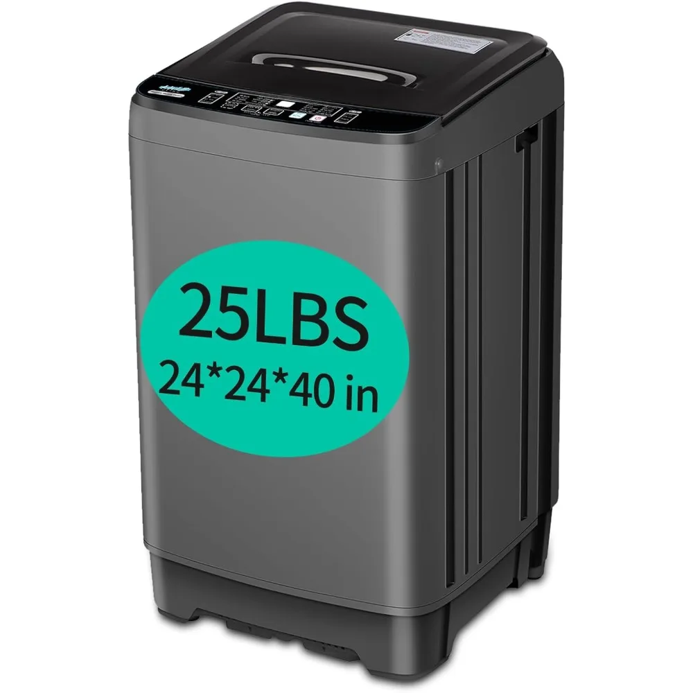 Full Automatic Washing Machine with LED Display, 25 lbs Portable Washer Drain Pump, Come with a Glass Cover, 8 Programs