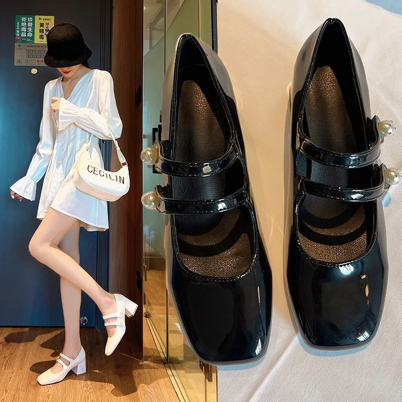 Women Double Buckle Mary Janes Shoes Patent Leather Party Shoes High Heels Pumps Fashion Ladies Shoe Black Pink Women Pumps