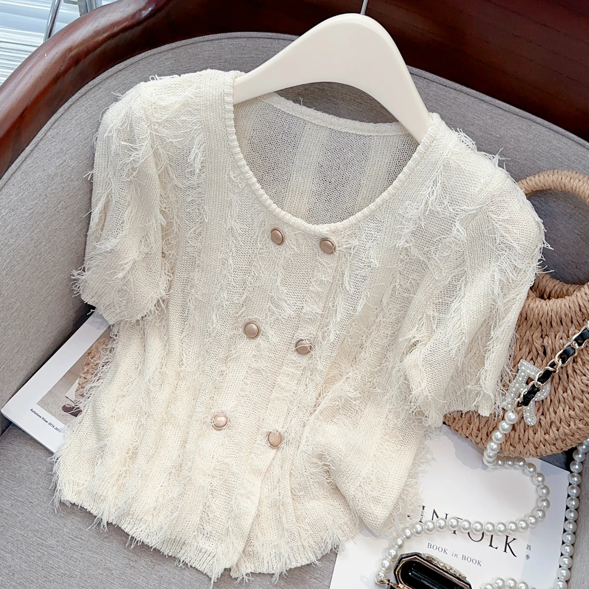 

Summer Tassels Knitted Pullovers Sweater Women Short Sleeve Vintage Double-breasted Fringe Sweaters Korean Knitwear Jumpers Tops