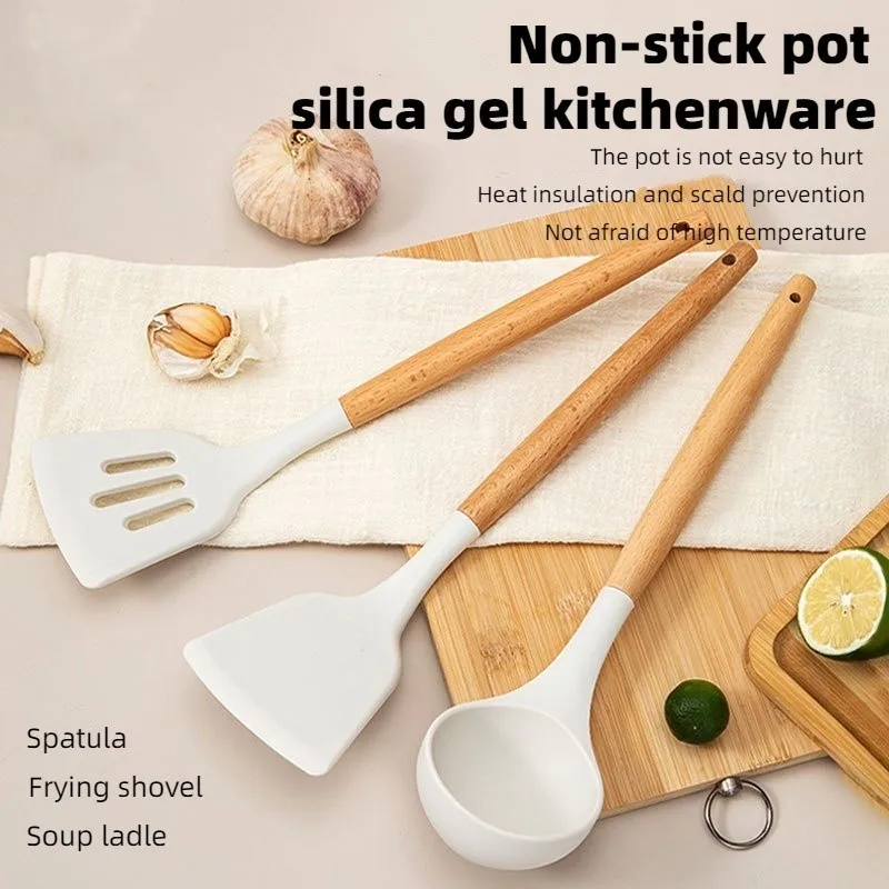 3Pcs Kitchen Silicone Pot Spoon Spatula with Wooden Handle Non-stick Kitchenware Utensils