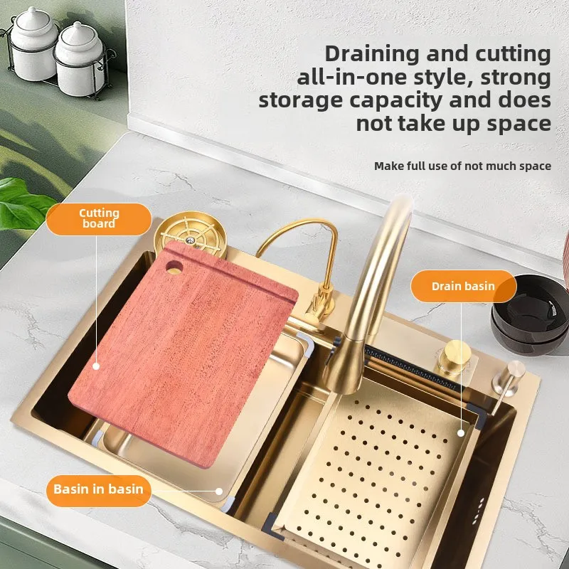 304 Stainless Steel Kitchen Sink with Nano Scratch-Resistant Gold Color Waterfall Rain Shower Large Single Sink Vegetable