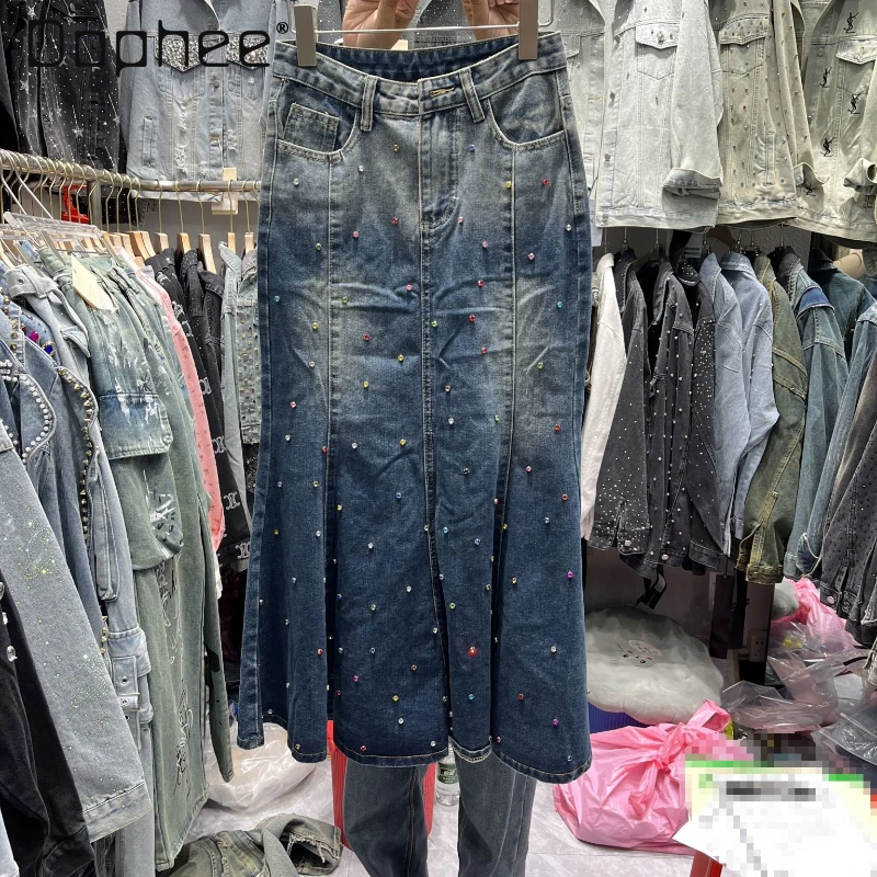 Women's Diamond Midi Denim Skirt 2024 New Spring and Summer Streetwear Women High Waist Slimming Mid-Length Jean Fishtail Skirts