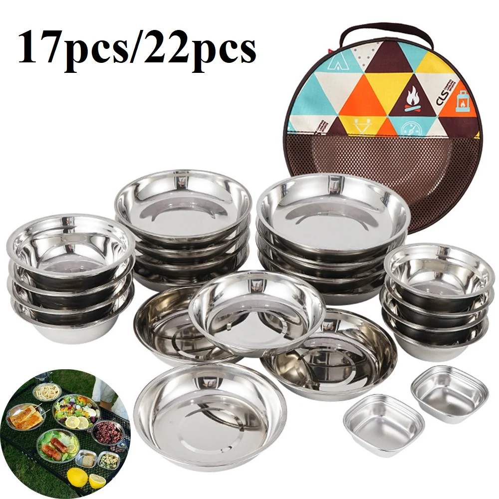 

17pcs/22pcs Camping Cutlery Set Portable Outdoor Bowl Set Picnic Travel Barbecue Cookware Family Soup Plate Dishes Cooking Suppy