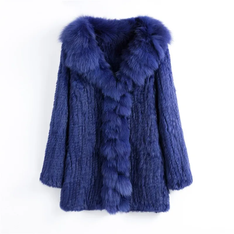 CT903 New Autumn Women Genuine Rabbit Fur Coat With Real Fox Fur Collar Lady Casual Coat Free Shipping