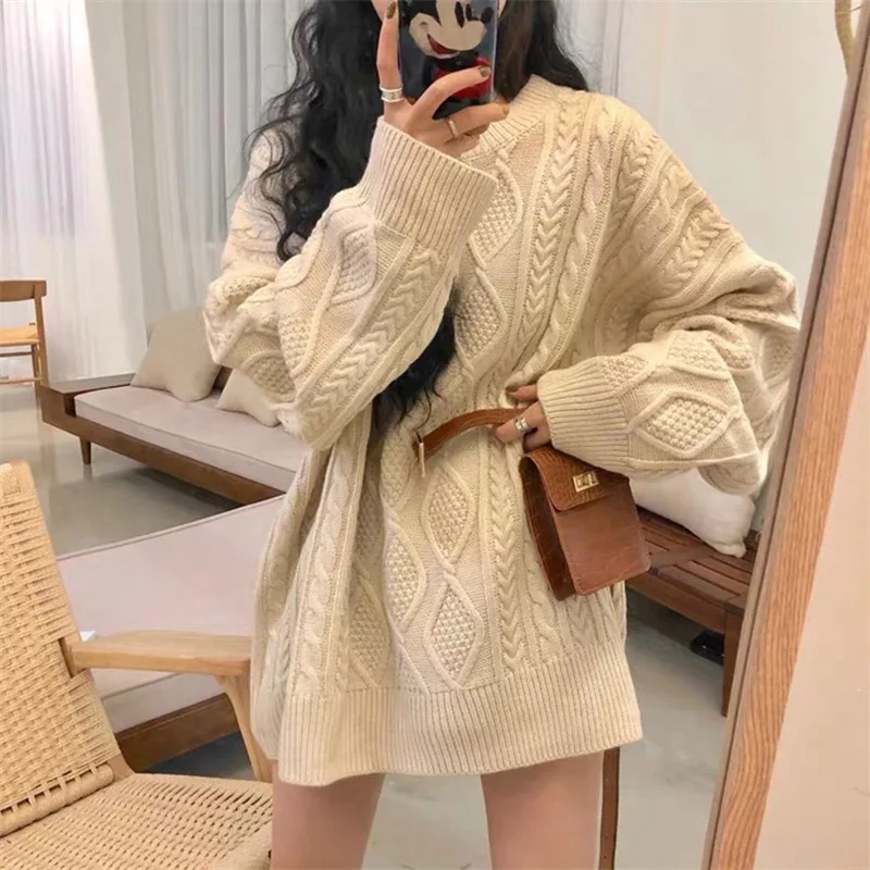 

2022 New Solid Color Sweater Women's Autumn and Winter Thickening Loose Hundred Long Paragraph Long-sleeved Tops