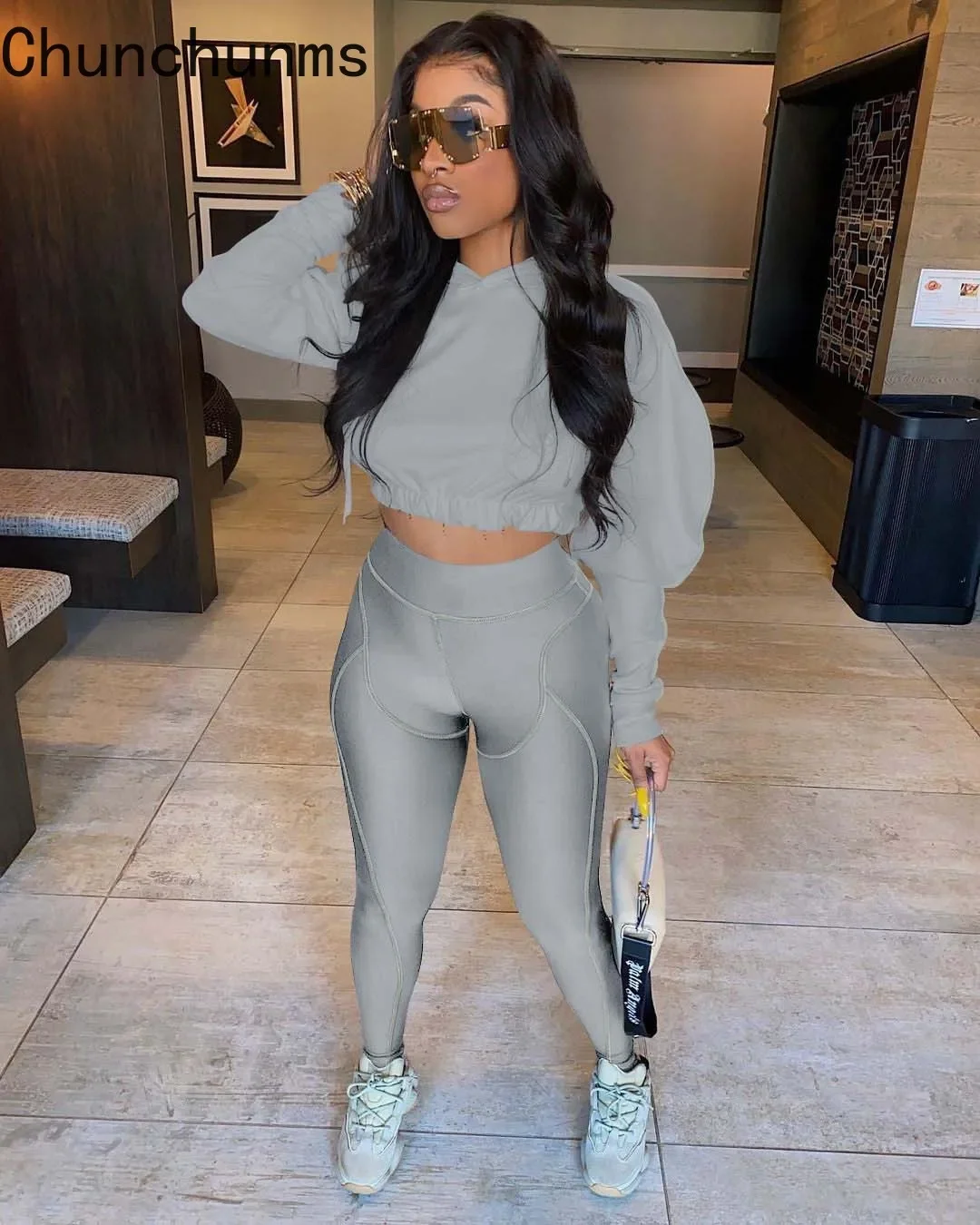 

2021 Fall Winter Cropped Hoodies Legging 2 Piece Matching Set Casual Sporty Jogger Tracksuits Women Fitness Sweat Clothing