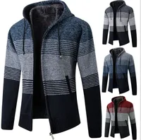 Men's Hooded Knitted Sweater Jacket Hot Sale Of The Season Autumn Winter Stripe Color Block Velvet Cross-Border Style Casual...