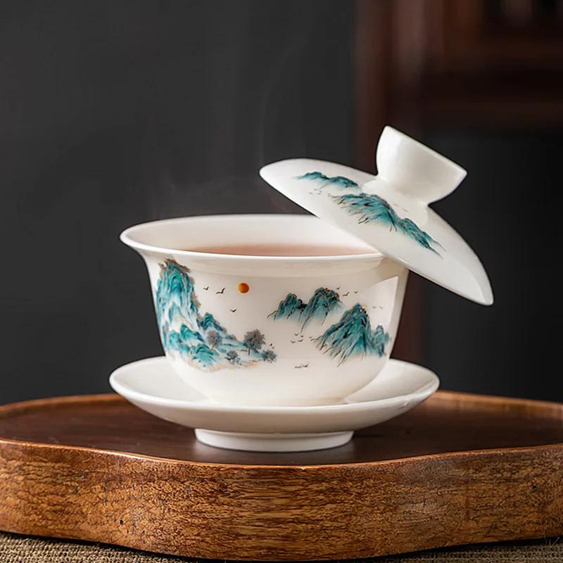 Hand-painted Ceramic Tea Tureen Chinese Portable Tea Maker Three-cai Gaiwan Home White Porcelain Tea Set with Cover Teacup 140ml