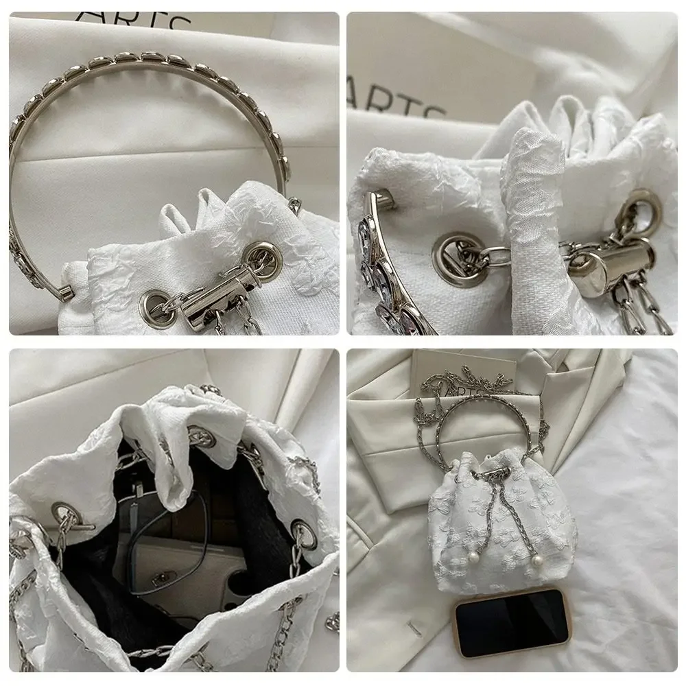 Floral Pleated Bucket Bag Women's Adjustable Chain Strap Drawstring Crossbody Shoulder Bag Multi-Way Carry Casual Purse Handbag