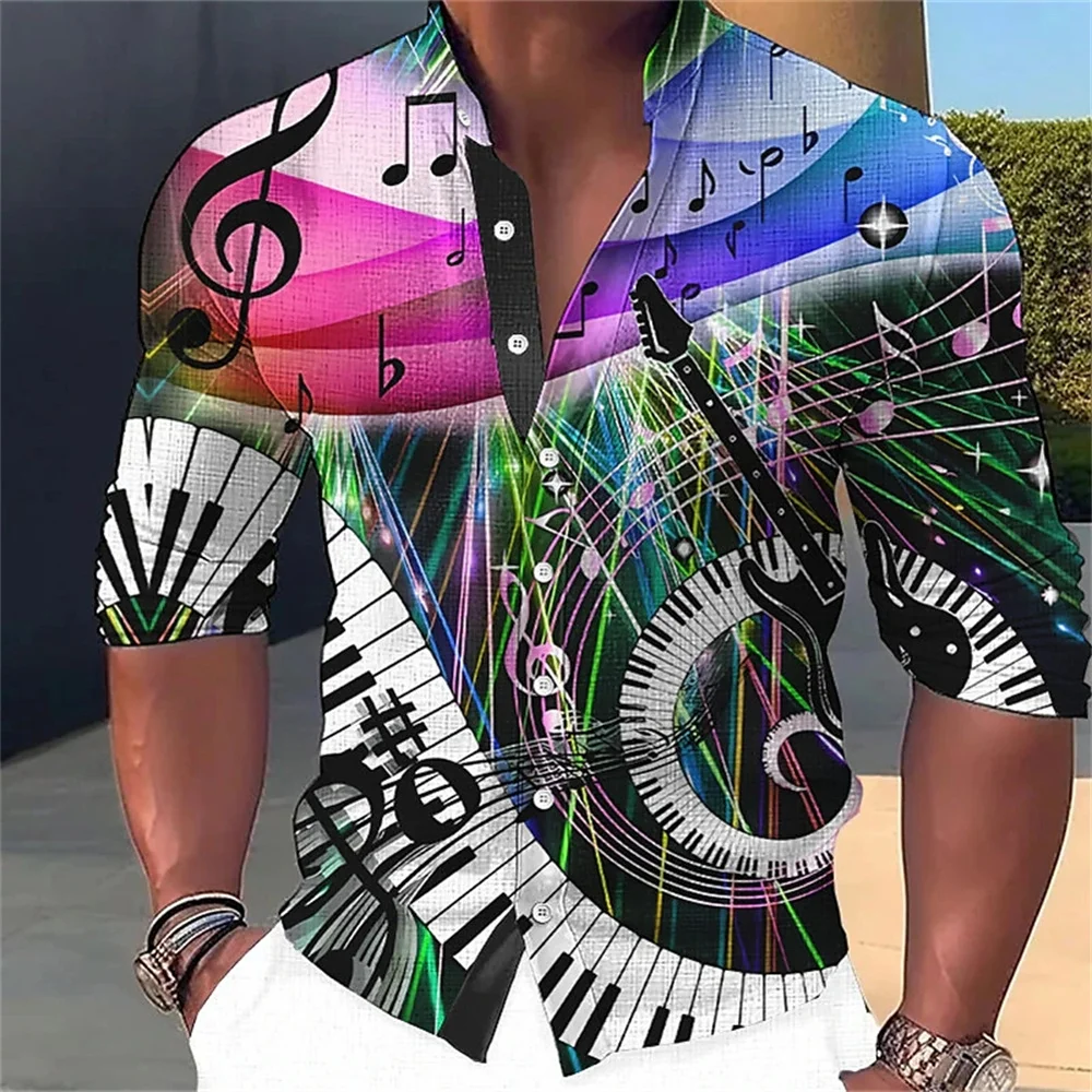 Men's shirt music comfortable casual soft HD pattern 2024 new men's top fashion breathable button design