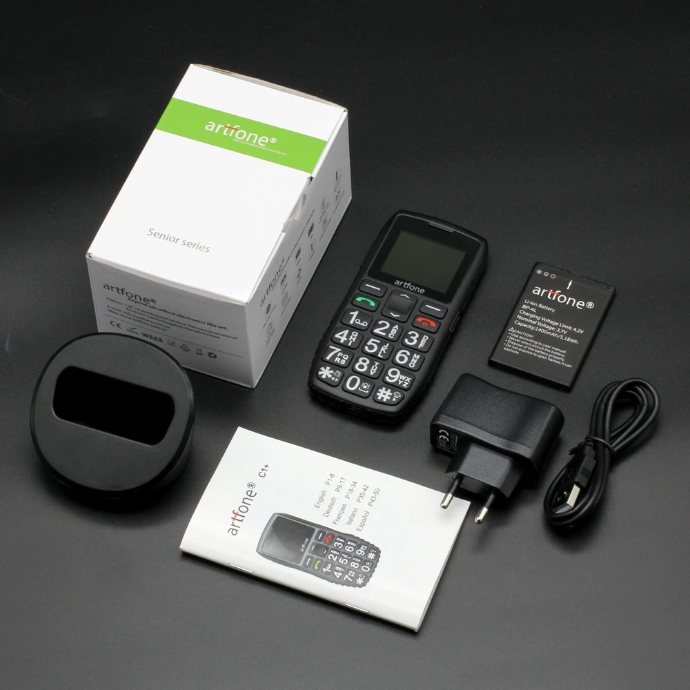 Artfone C1+ Bar Senior Mobile Phone With Free Charging Dock Big Rubber Keypad  For Elderly Dual Sim One Key SOS FM 1400mAh Cell 6