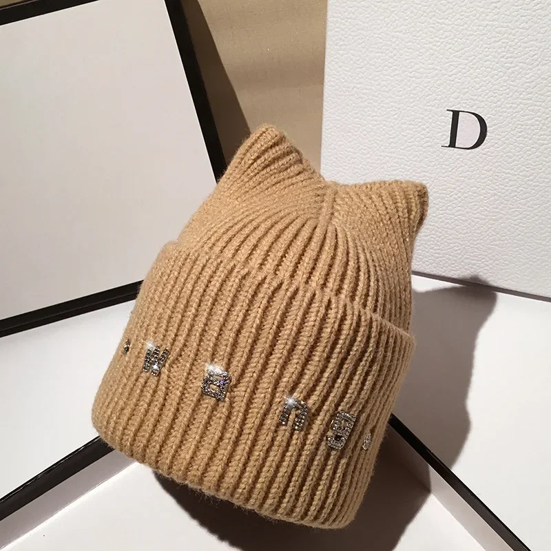 Winter diamond women's autumn cat ears rhinestone knitted hat beanie knitted rhinestone skull hat 6