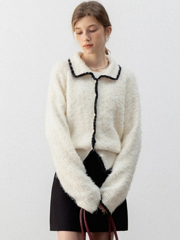 الكورية رمادي سترة مشغولة من الصوف المرأة الخريف الشتاء التلبيب كتلة اللون سترة Vintage كم طويل واحدة الصدر الملابس النسائية 2