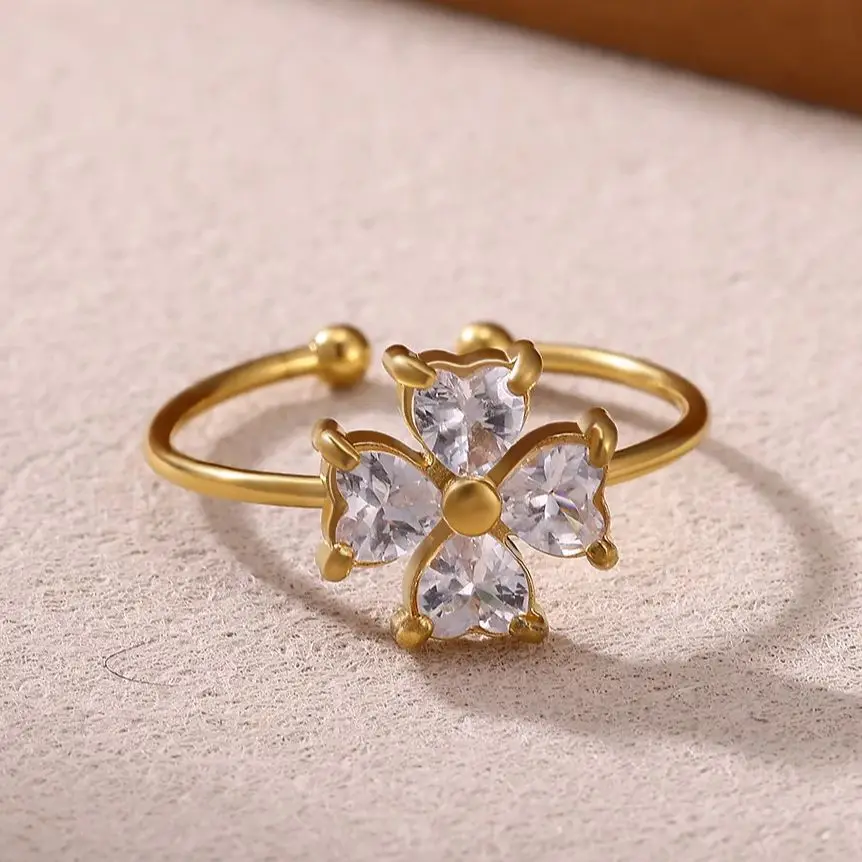 Zircon Four-Leaf Clover Rings Gold Plated Stainless Steel Adjustable Finger Ring