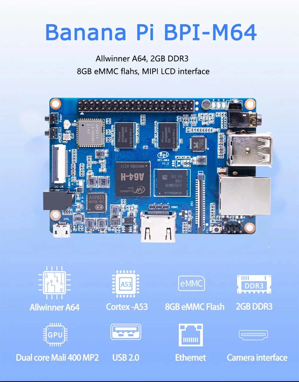 Banana Pi BPI-M64 Allwinner A64 2GB DDR3 8G eMMC 4 Core Processor Motherboard MI