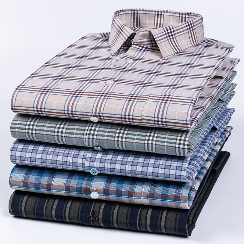 Men's Plus Size Long-Sleeve 100% Cotton Slim Fit Formal Shirt - Soft Plaid and Striped Design