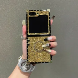 Sparkling Gold Faux Rhinestone Leather Phone Case with Shiny Ring Holder - Galaxy Z Flip5 (Gold)