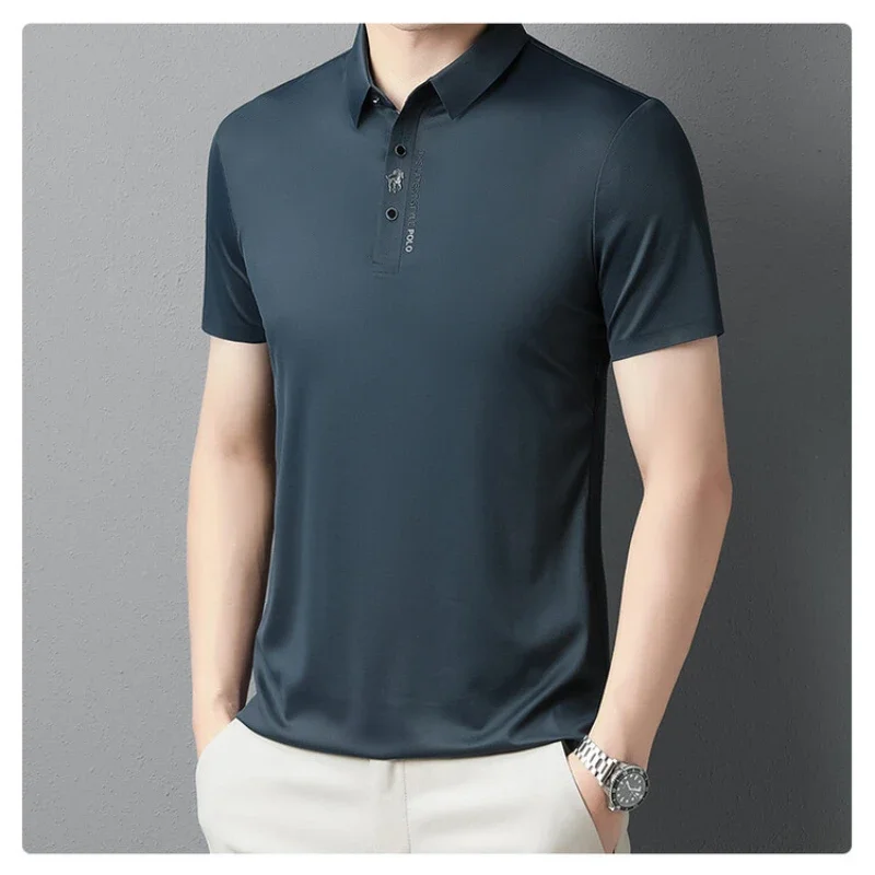 High-End Solid Color Short Sleeve Polo Shirt - Summer Business Fashion with Lapel Collar and No Trace Printing