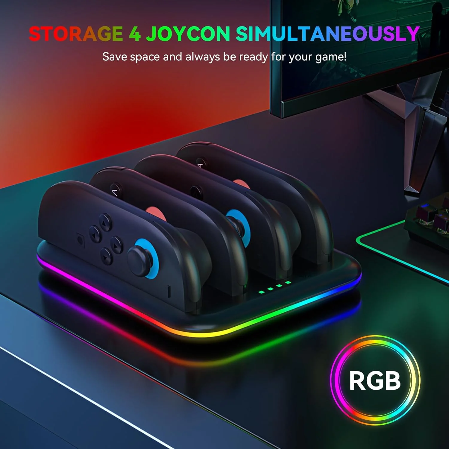 SWITCH 2 Joy-Con용 4-in-1 플랫 게임패드 충전 스테이션 NS2303, LED 표시기 및 안전 보호 기능이 있는 4개의 Joy-Con 충전