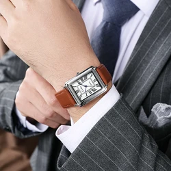Elegant Leather Strap Quartz Wristwatch for Men - Luxury Rectangle Dial Design (Coffee sliver white)