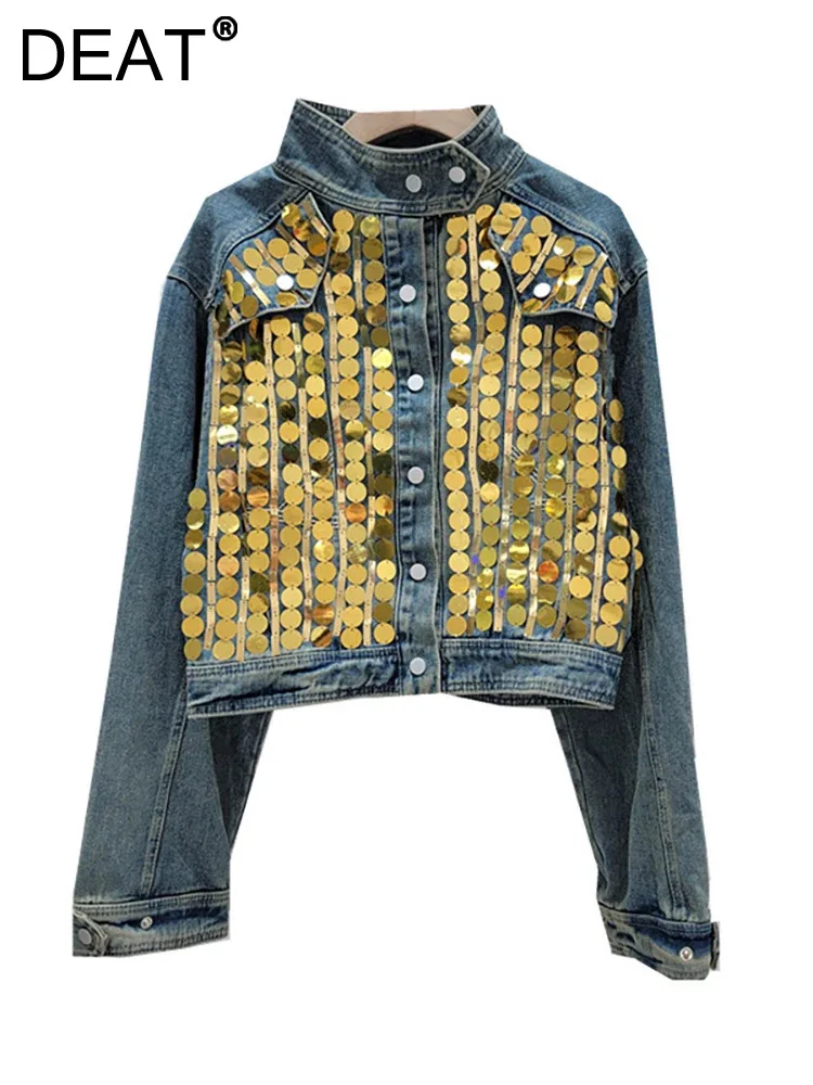

Женская джинсовая куртка DEAT, однобортная винтажная куртка составного кроя с воротником-стойкой и желтыми блестками, модель 29L7247 на лето, 2024