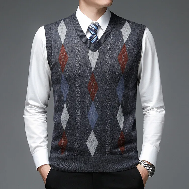 Men Wool Vest Waistcoat 2024 Spring Autumn V-Neck Sleevelesss Colours Plaid Sweater Vests