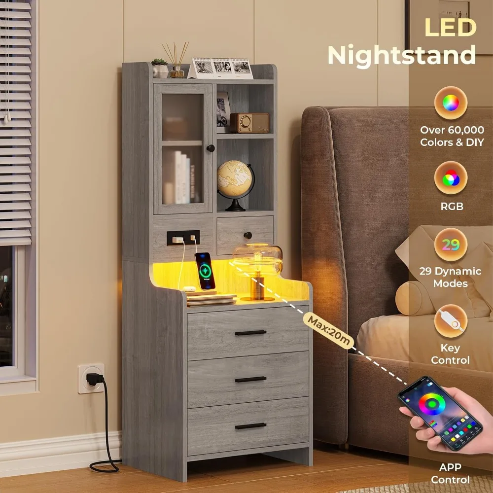 Grey Nightstand Set of 2 with Charging Station,49.2" LED Night Stand for Bedroom,Tall Bedside Table with Bookshelf and Drawers, 3