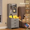 Grey Nightstand Set of 2 with Charging Station,49.2" LED Night Stand for Bedroom,Tall Bedside Table with Bookshelf and Drawers, 3