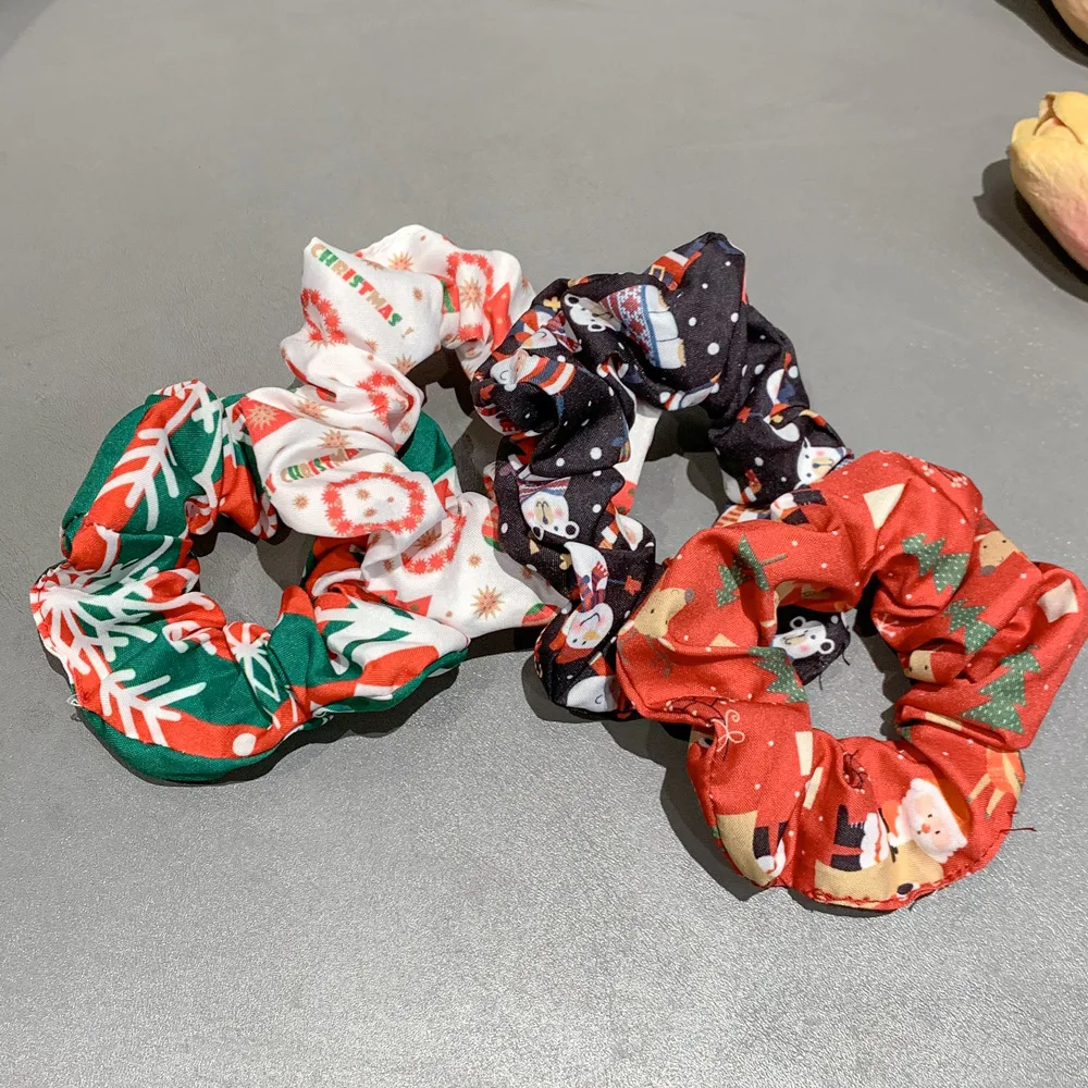 4-teiliges Set, modische Weihnachts-Haargummis für Mädchen, bunt, hochelastisch, nicht beschädigende Bänder mit Weihnachtsdrucken, Party-Haar-Geschenk – Detail 8